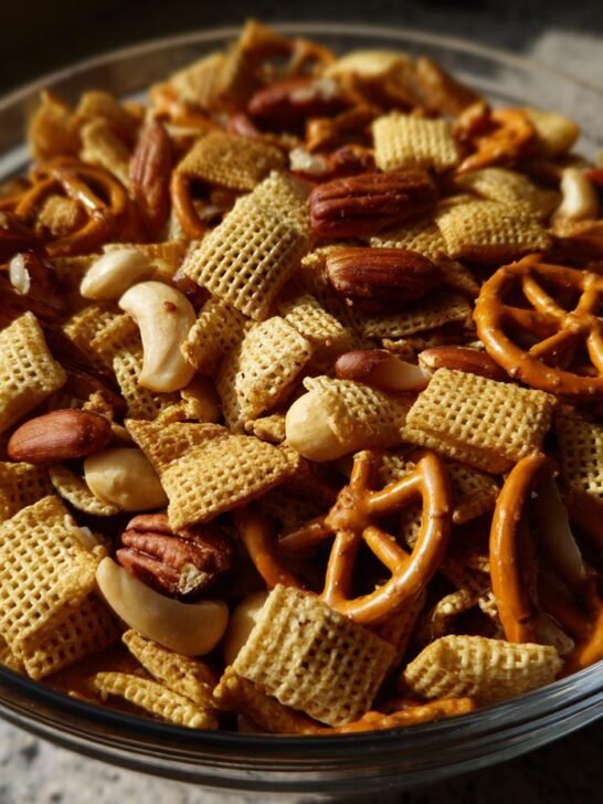 A clear glass bowl filled with a crunchy chex mix recipe, featuring pretzels, nuts, and various cereal pieces.