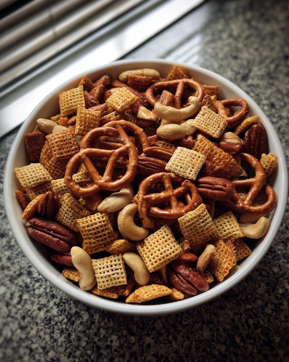 A white bowl filled with a crunchy homemade chex mix recipe, featuring pretzels, nuts, and Chex cereal.