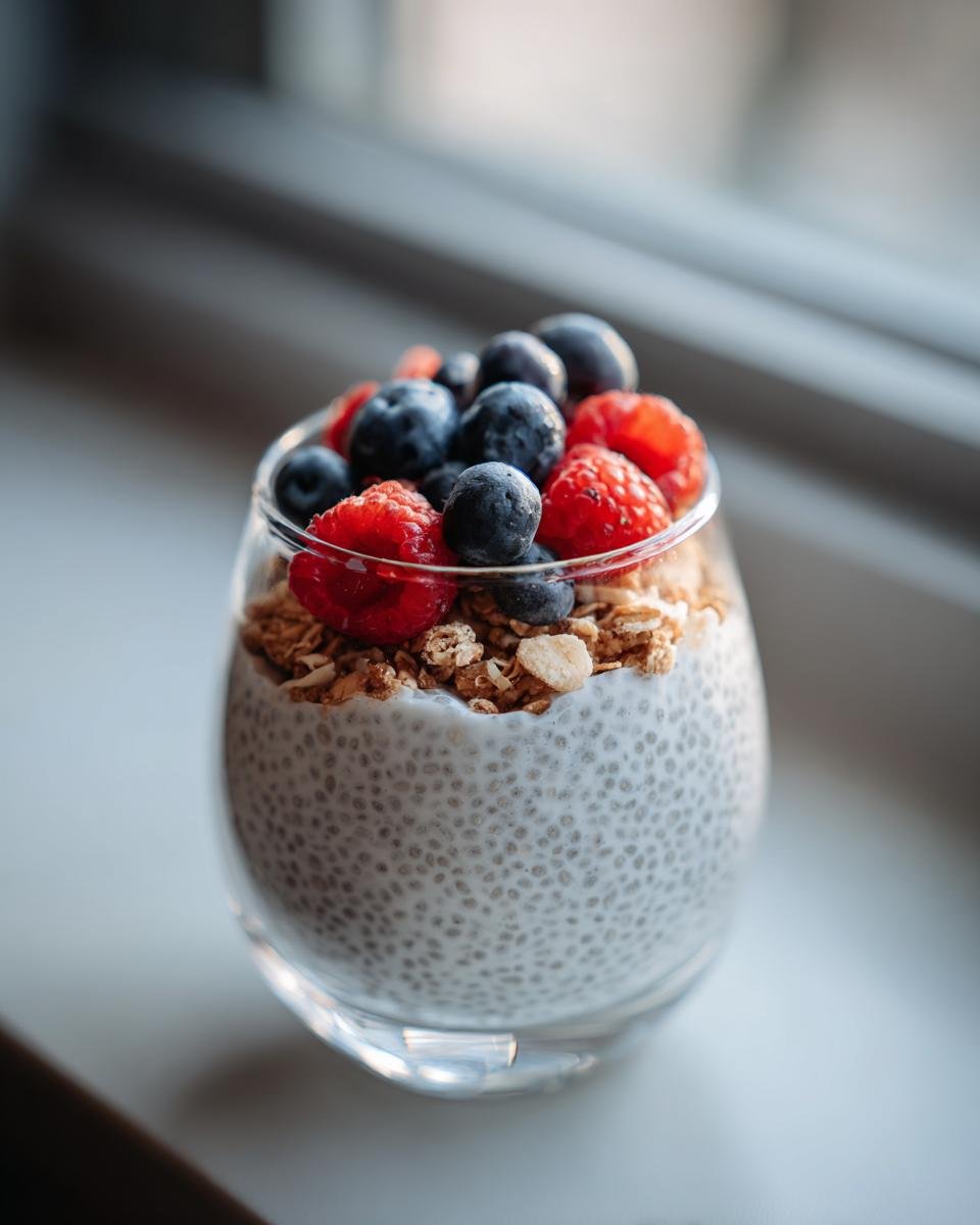 A glass of chia pudding recipe topped with granola, fresh blueberries, and raspberries.