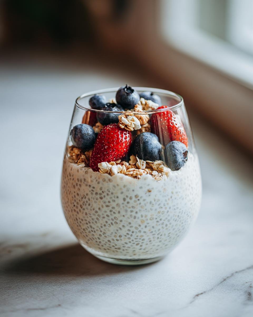 A refreshing glass of chia pudding recipe topped with fresh strawberries, blueberries, and crunchy granola.