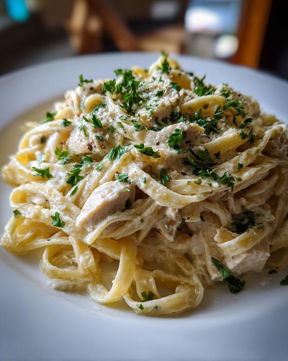 A close-up of a creamy chicken alfredo recipe with fettuccine pasta and chopped parsley.
