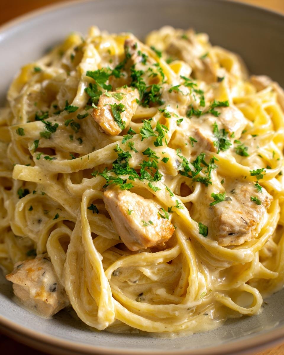 Close-up of a bowl of fettuccine pasta coated in creamy Alfredo sauce with tender pieces of chicken and fresh parsley.