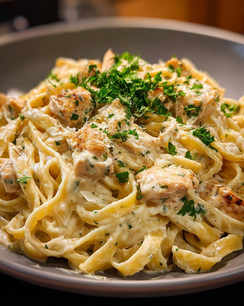 A close-up of creamy fettuccine pasta with tender chicken pieces and fresh parsley, part of a chicken alfredo recipe.