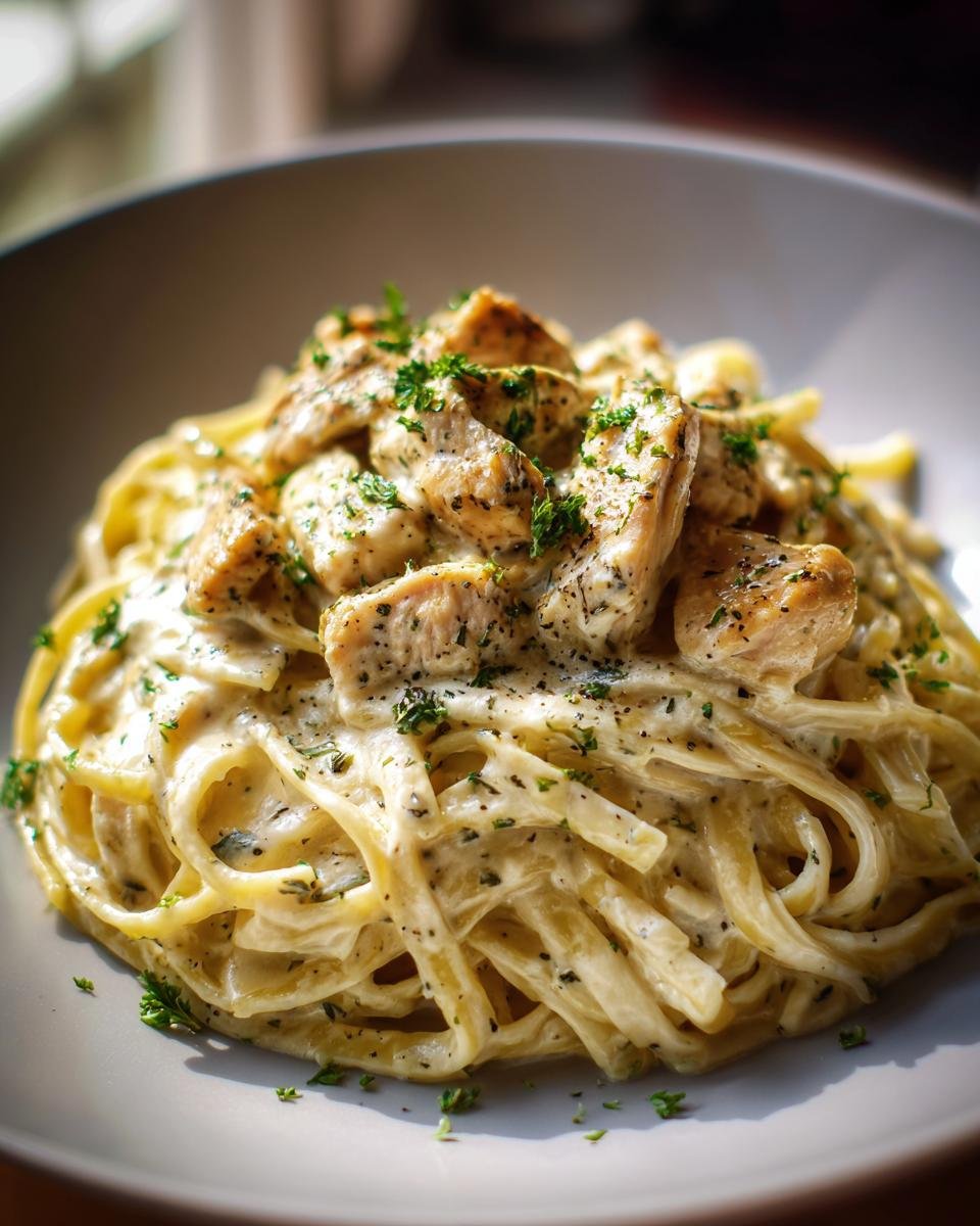 A close-up of a bowl of creamy chicken alfredo recipe pasta, topped with sliced chicken and parsley.
