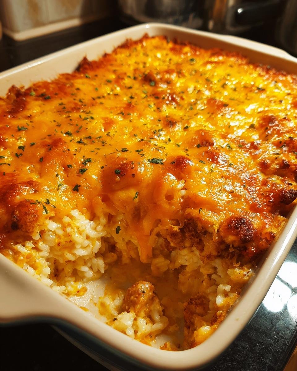 A close-up of a golden-brown baked chicken and rice recipe casserole, topped with melted cheese and herbs.
