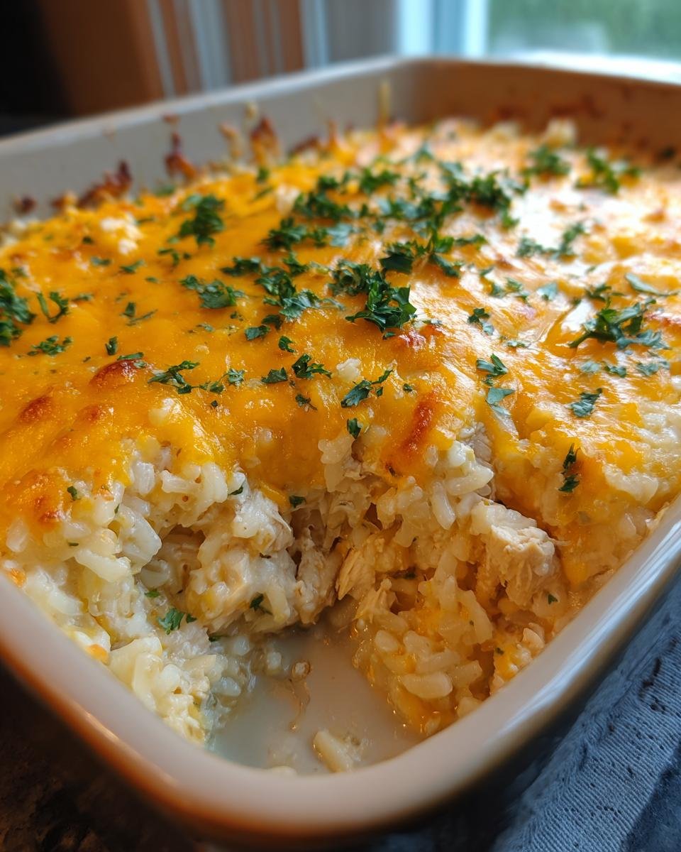 A close-up of a baked chicken and rice recipe casserole with melted cheddar cheese and parsley.