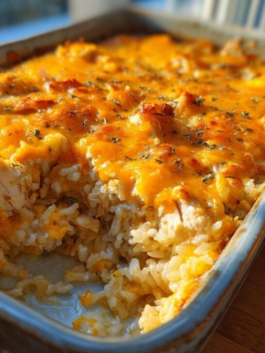 Close-up of a baked chicken and rice recipe casserole with melted cheddar cheese and herbs.