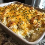 A close-up of a baked chicken and rice recipe casserole in a baking dish, topped with melted cheddar cheese and parsley.