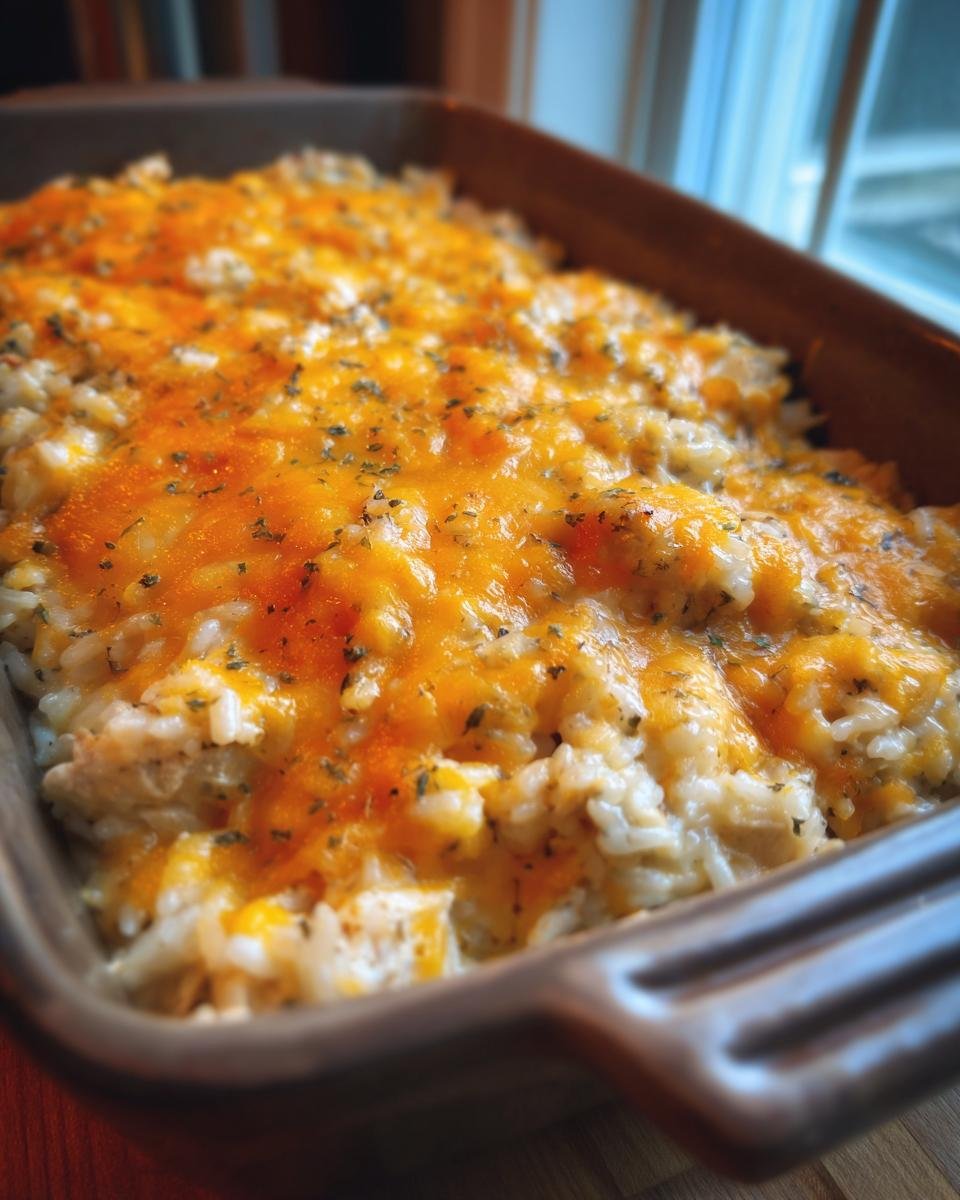 Close-up of a baked chicken and rice recipe casserole topped with melted cheddar cheese and herbs.