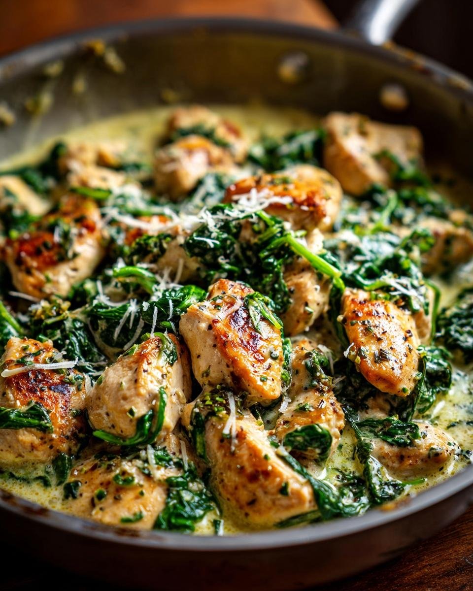 Close-up of pan-fried chicken pieces with wilted spinach in a creamy sauce, topped with grated cheese.
