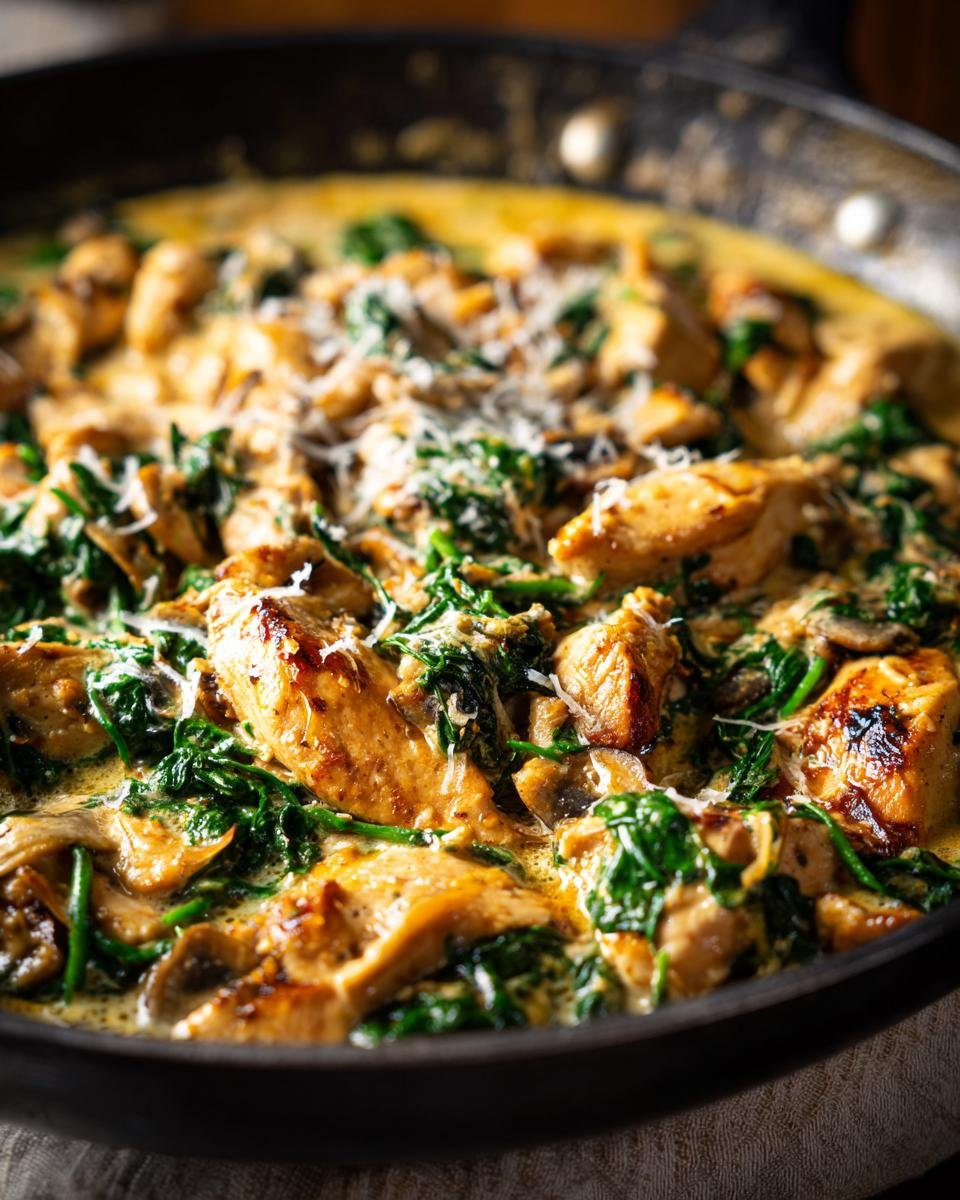 Close-up of a creamy chicken and spinach dish in a skillet, topped with grated cheese.