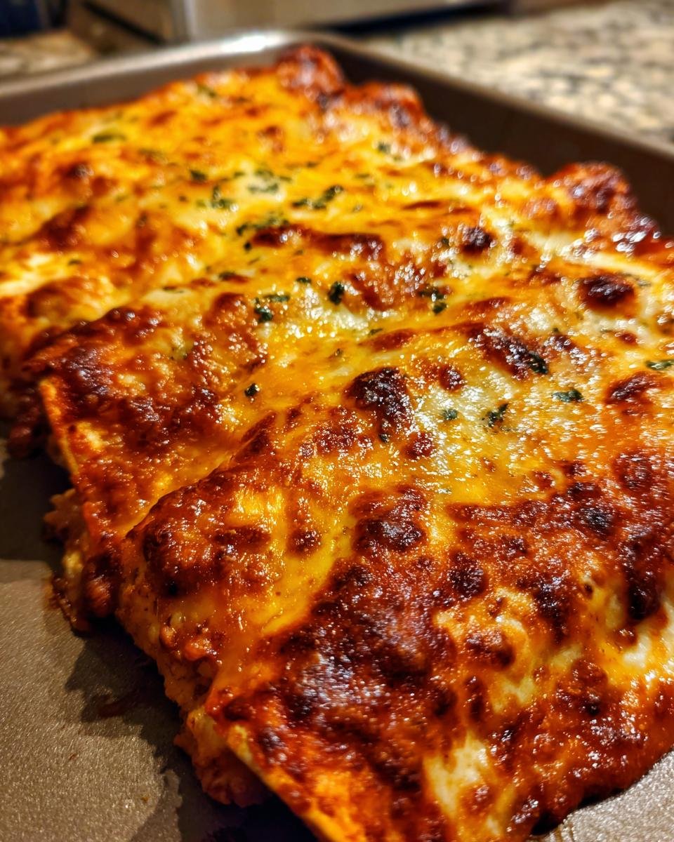 Close-up of golden-brown baked chicken enchiladas covered in melted cheese and herbs in a baking dish.
