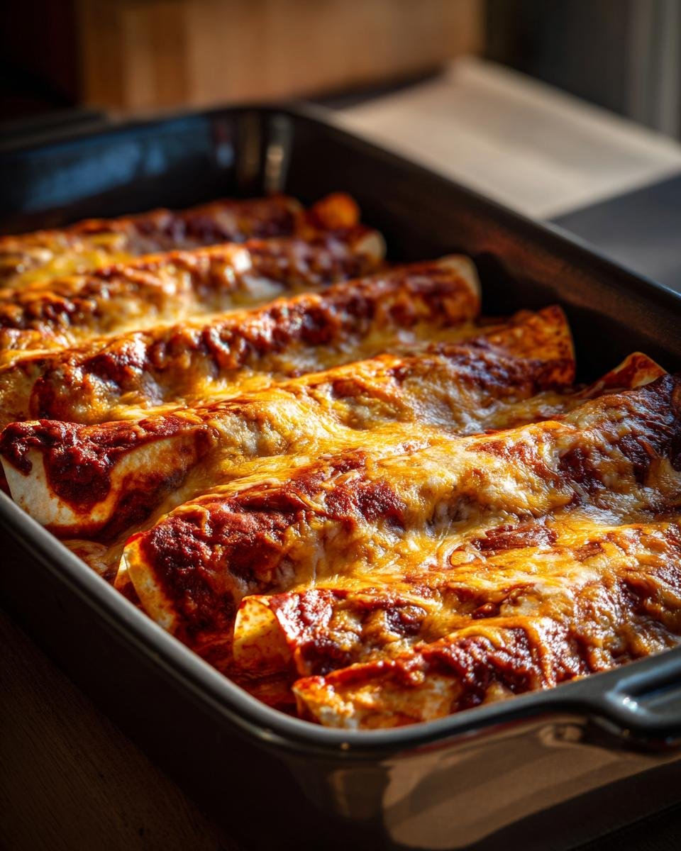Close-up of a baking dish filled with cheesy chicken enchiladas, covered in red enchilada sauce.