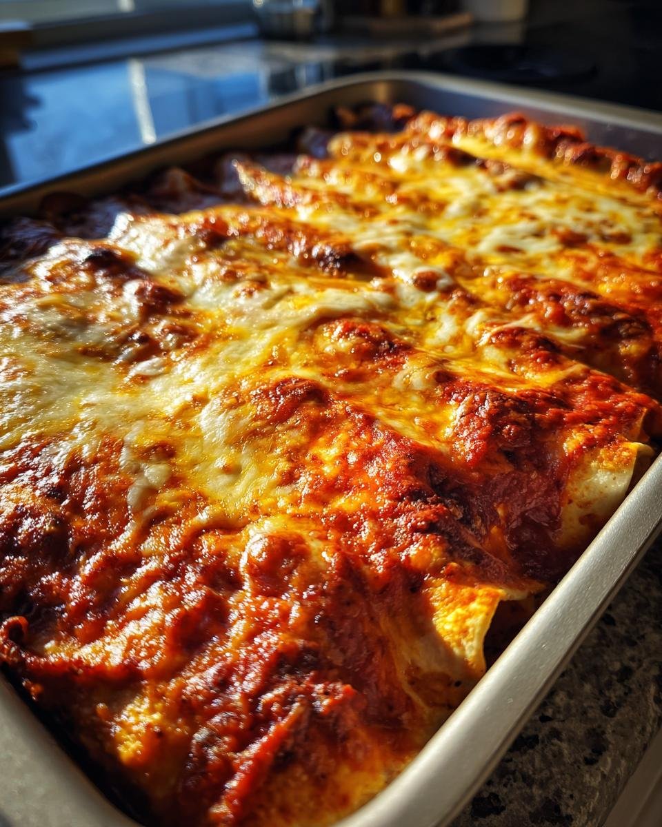 Close-up of a baking dish filled with cheesy, saucy chicken enchiladas, fresh from the oven.
