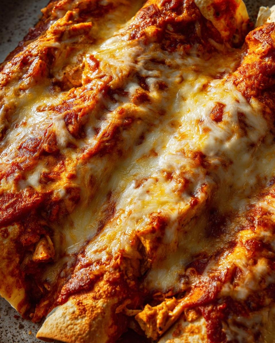 Close-up of a delicious chicken enchilada recipe, covered in melted cheese and red enchilada sauce.