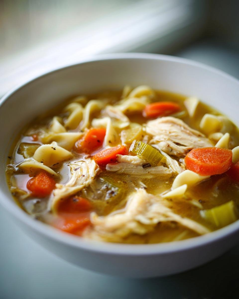 A close-up of a comforting bowl of chicken noodle soup, featuring shredded chicken, egg noodles, carrots, and celery in broth.