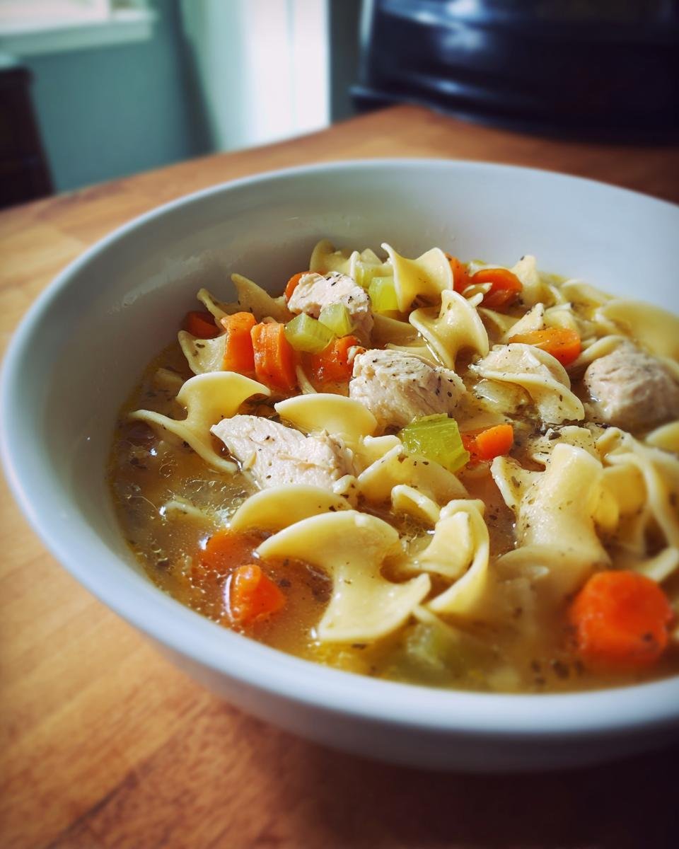 A close-up of a bowl of chicken noodle soup, featuring wide egg noodles, shredded chicken, carrots, and celery in broth.