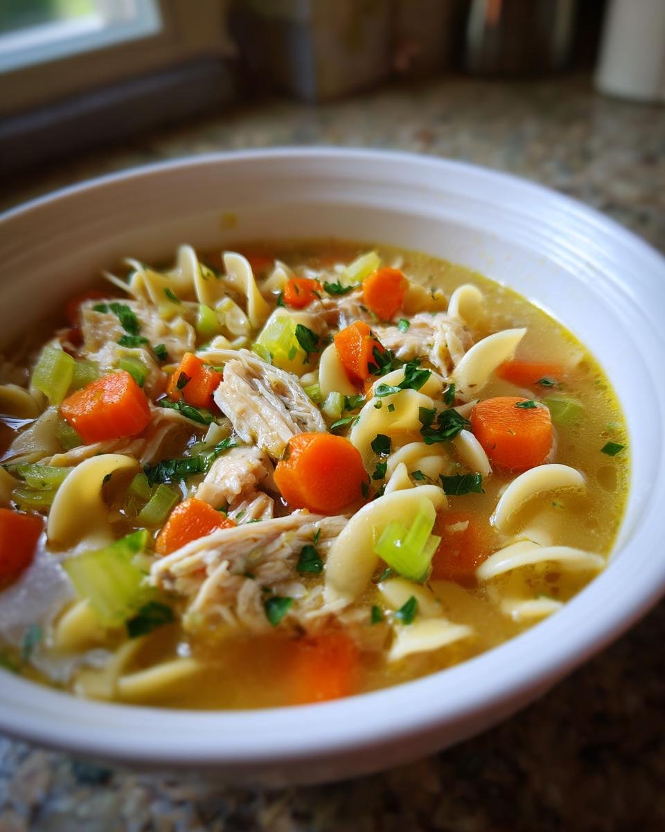A close-up of a white bowl filled with delicious chicken noodle soup, featuring shredded chicken, egg noodles, carrots, celery, and parsley.