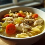 A close-up of a steaming bowl of chicken noodle soup, featuring shredded chicken, carrots, celery, and noodles.
