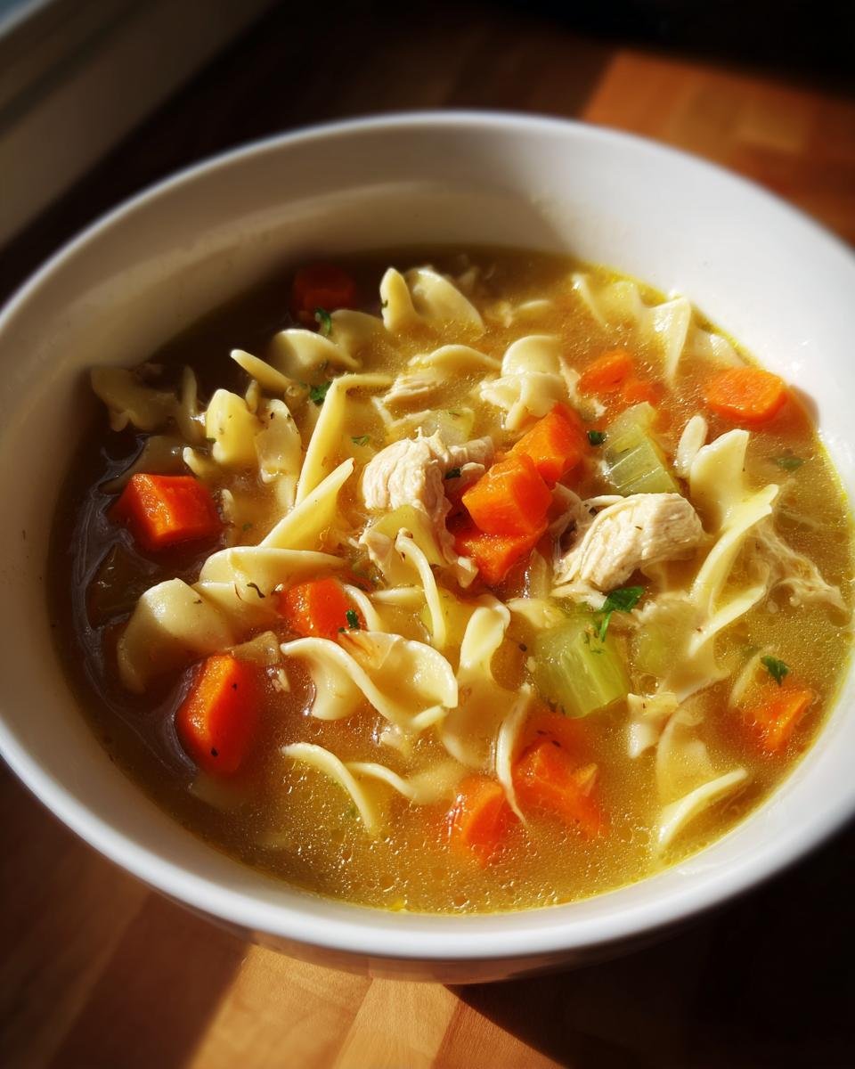 A comforting bowl of chicken noodle soup with wide egg noodles, shredded chicken, carrots, and celery.