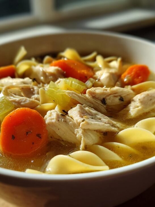 A close-up of a steaming bowl of chicken noodle soup, featuring shredded chicken, carrots, celery, and noodles.