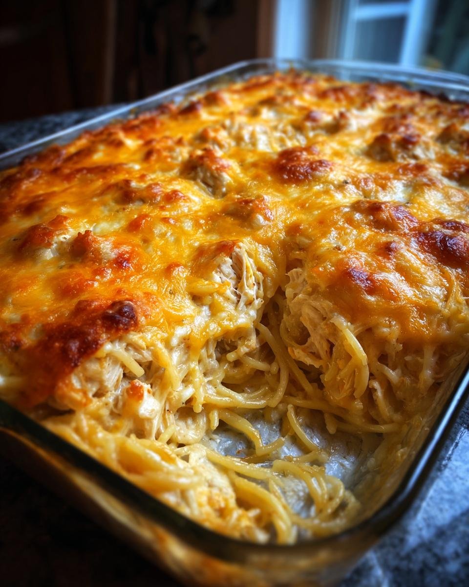 Close-up of a bubbly, golden-brown baked chicken spaghetti recipe in a glass dish.