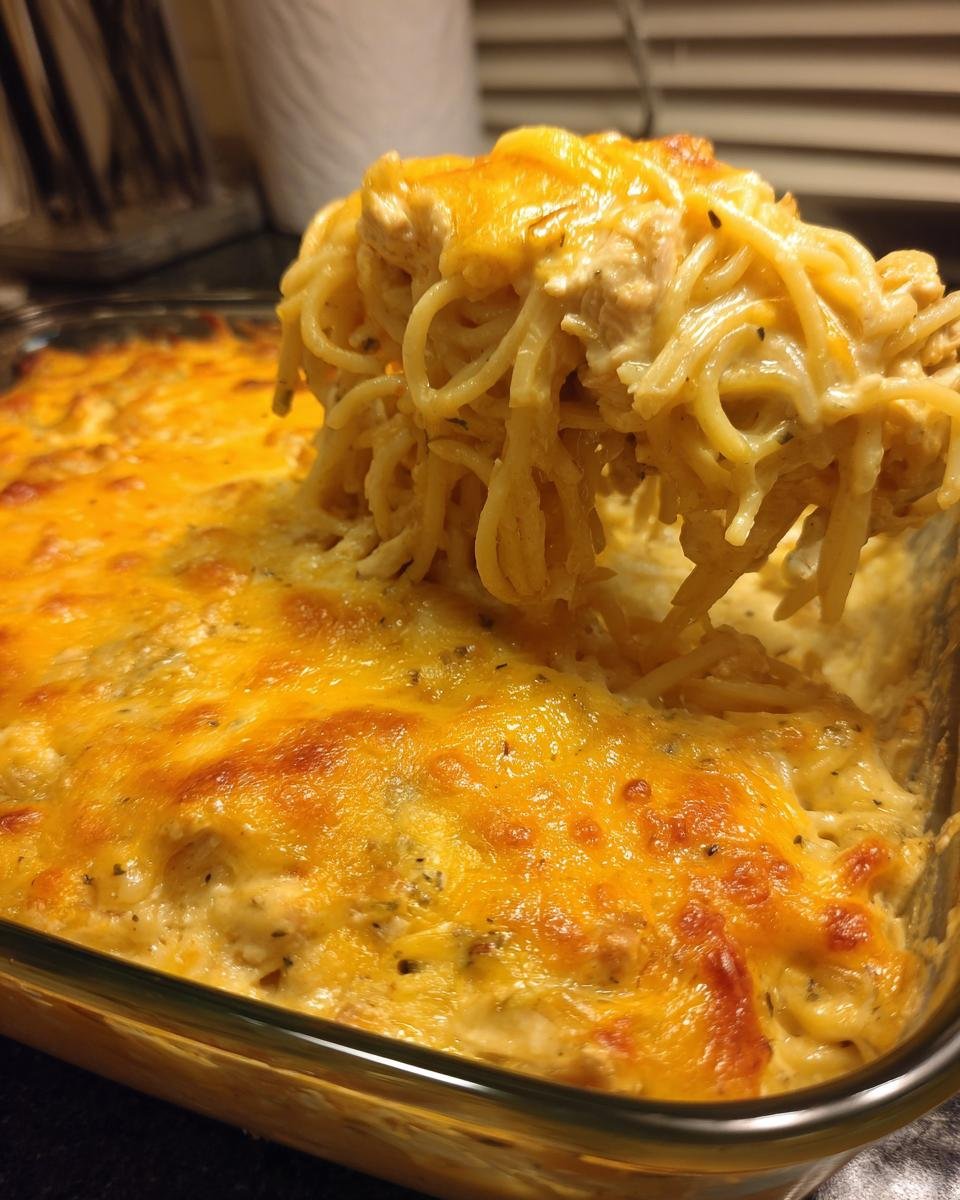 A serving spoon lifting a generous portion of cheesy chicken spaghetti recipe from a baking dish.