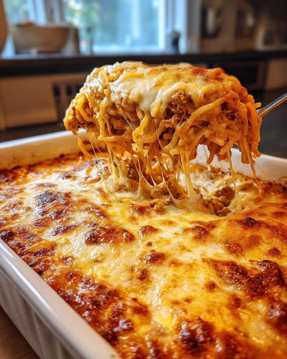 A serving spoon lifts a cheesy portion of chicken spaghetti recipe casserole, showing melted cheese strings.