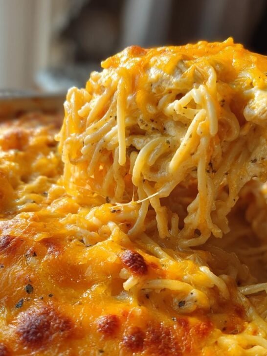 A spoonful of cheesy chicken spaghetti recipe casserole, showing melted cheddar cheese and tender noodles.