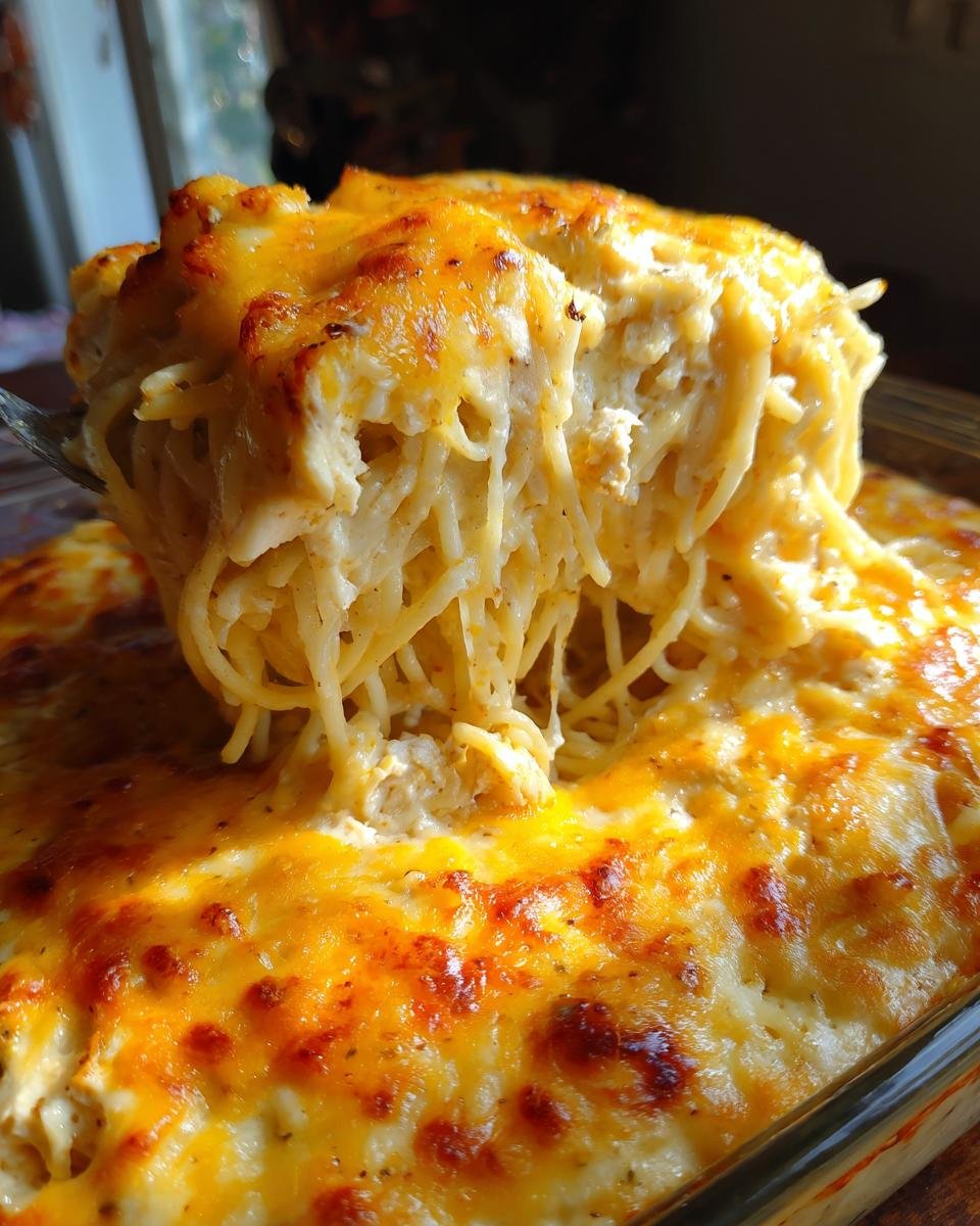 A serving spoon lifts a generous portion of cheesy chicken spaghetti recipe from a baking dish.