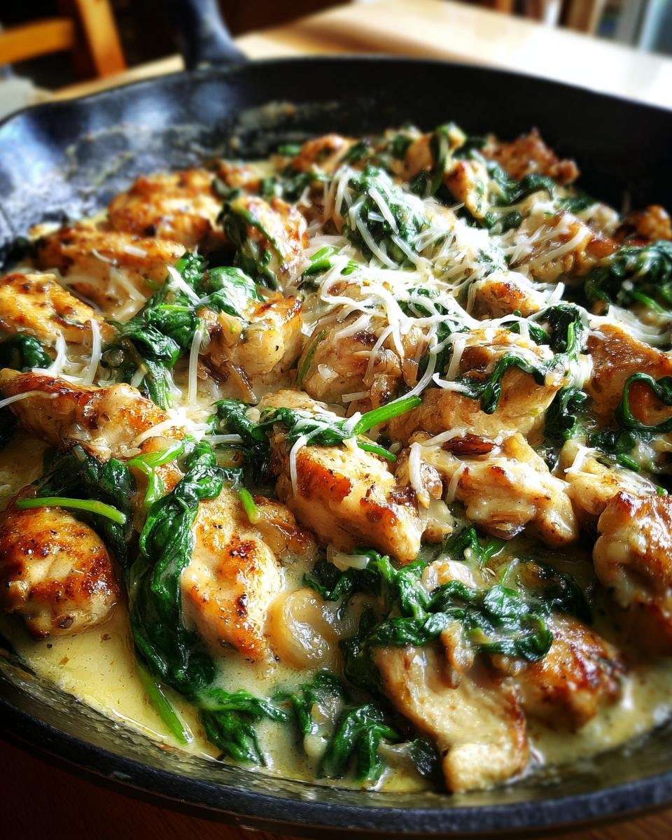Close-up of a skillet filled with golden-brown chicken pieces and wilted spinach in a creamy sauce, topped with shredded cheese.