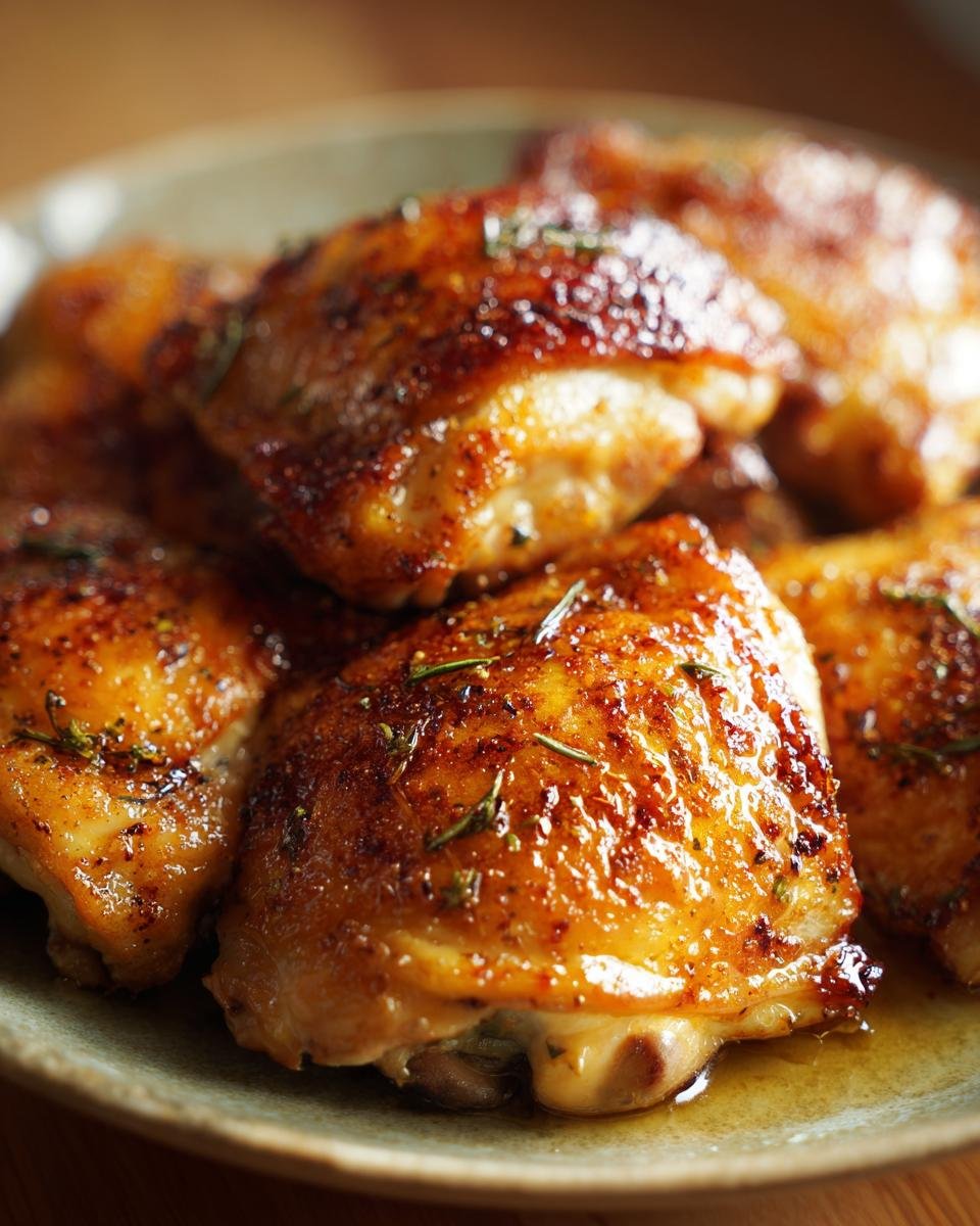 Close-up of perfectly cooked, golden brown chicken thighs seasoned with herbs, a highlight of chicken thigh recipes.