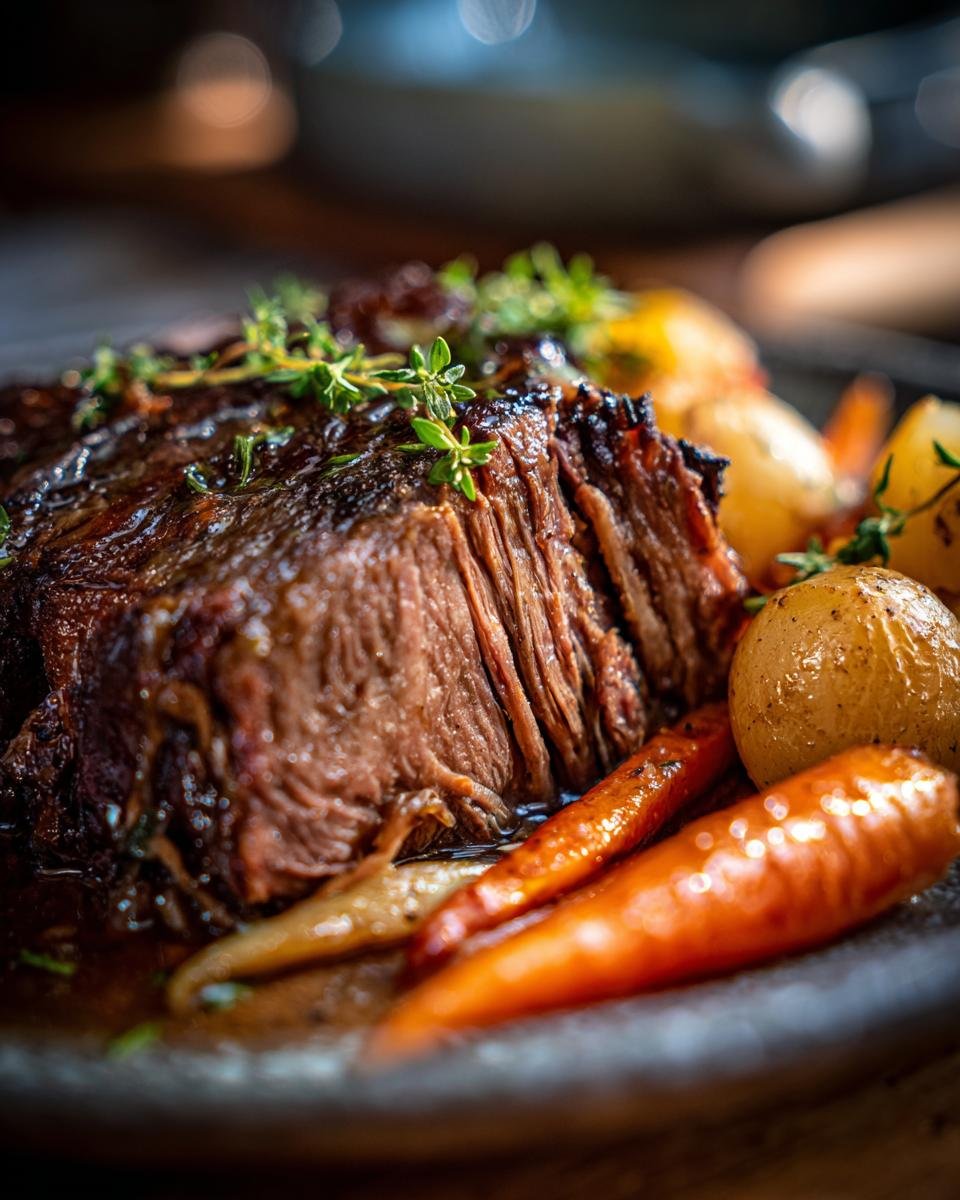 Close-up of a juicy, tender chuck roast recipe served with roasted carrots and potatoes, garnished with fresh thyme.