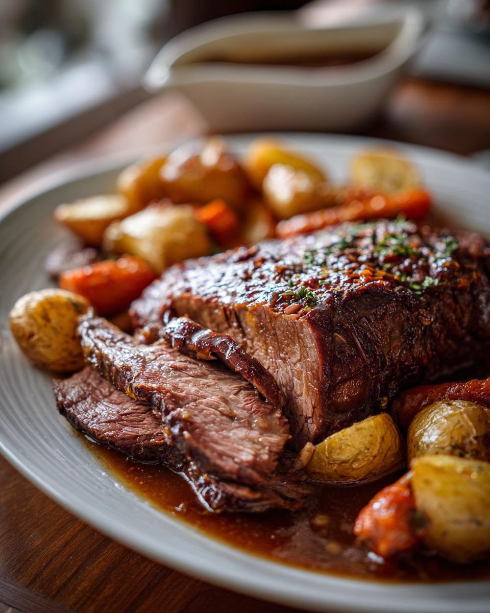 Close-up of a juicy, sliced chuck roast recipe served with roasted potatoes and carrots in a rich gravy.