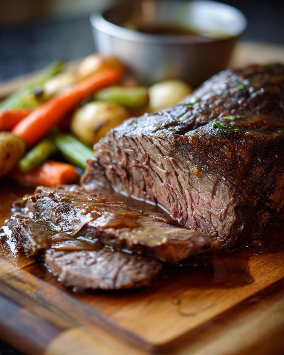 Close-up of a sliced, juicy chuck roast recipe served with roasted carrots and potatoes on a wooden board.