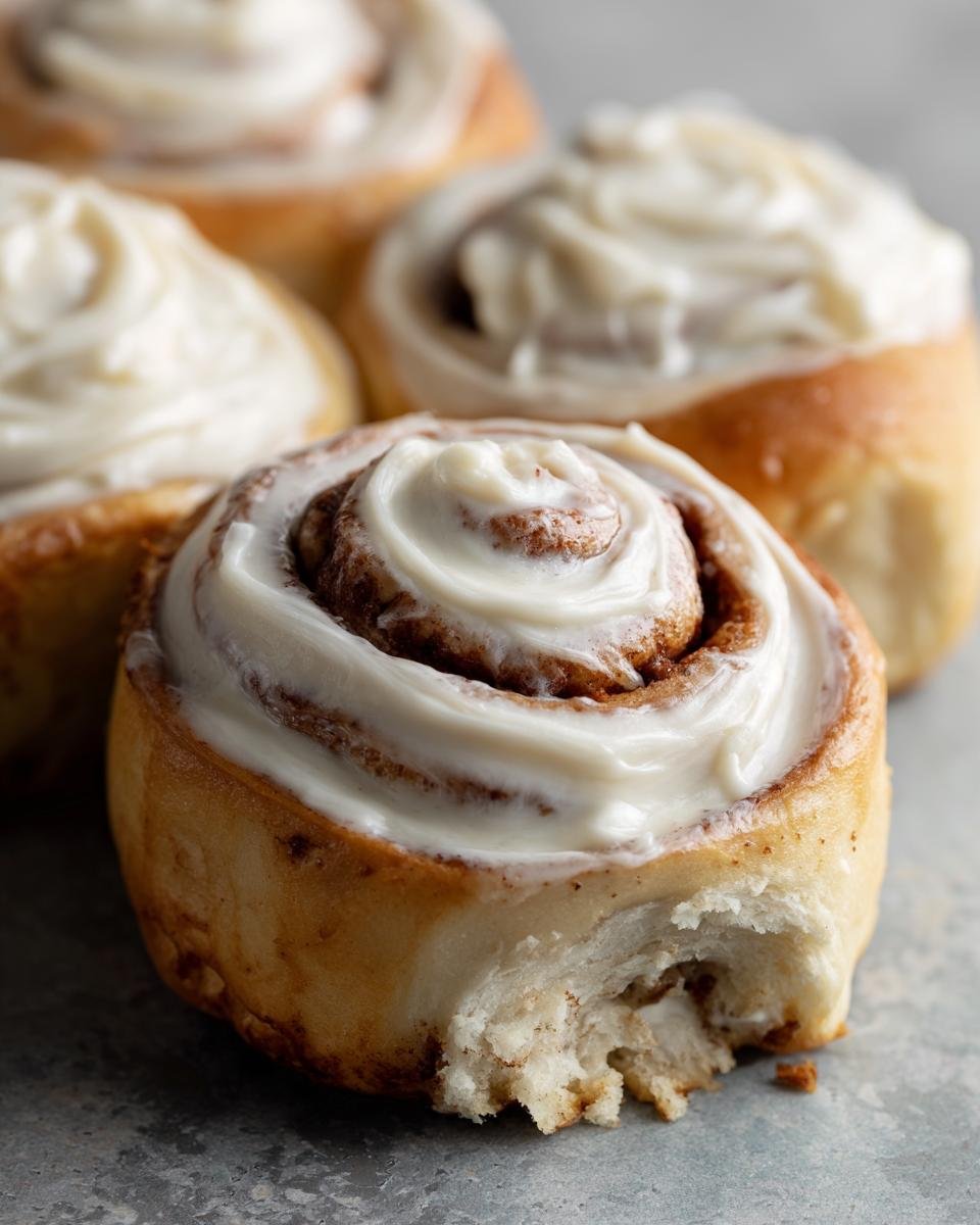 Close-up of a bite taken out of a fluffy cinnamon roll topped with creamy frosting.