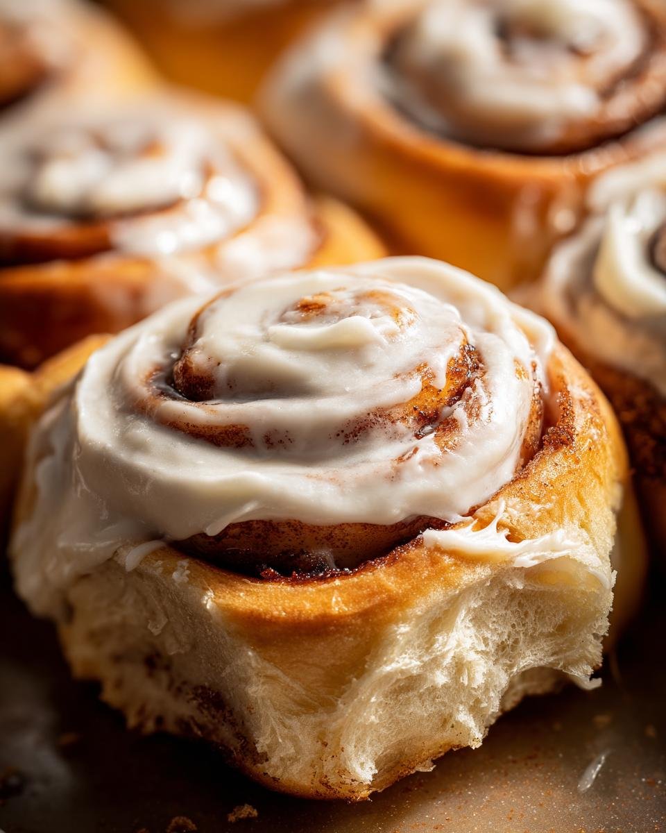 Close-up of a freshly baked cinnamon roll recipe with creamy frosting.