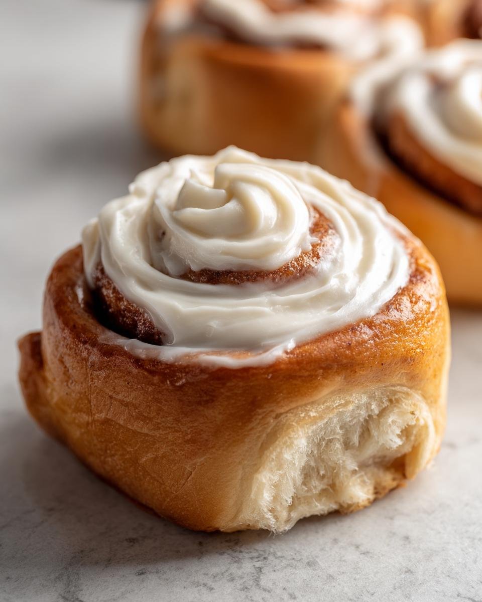 Close-up of a fluffy cinnamon roll topped with creamy white frosting, part of a cinnamon roll recipe.