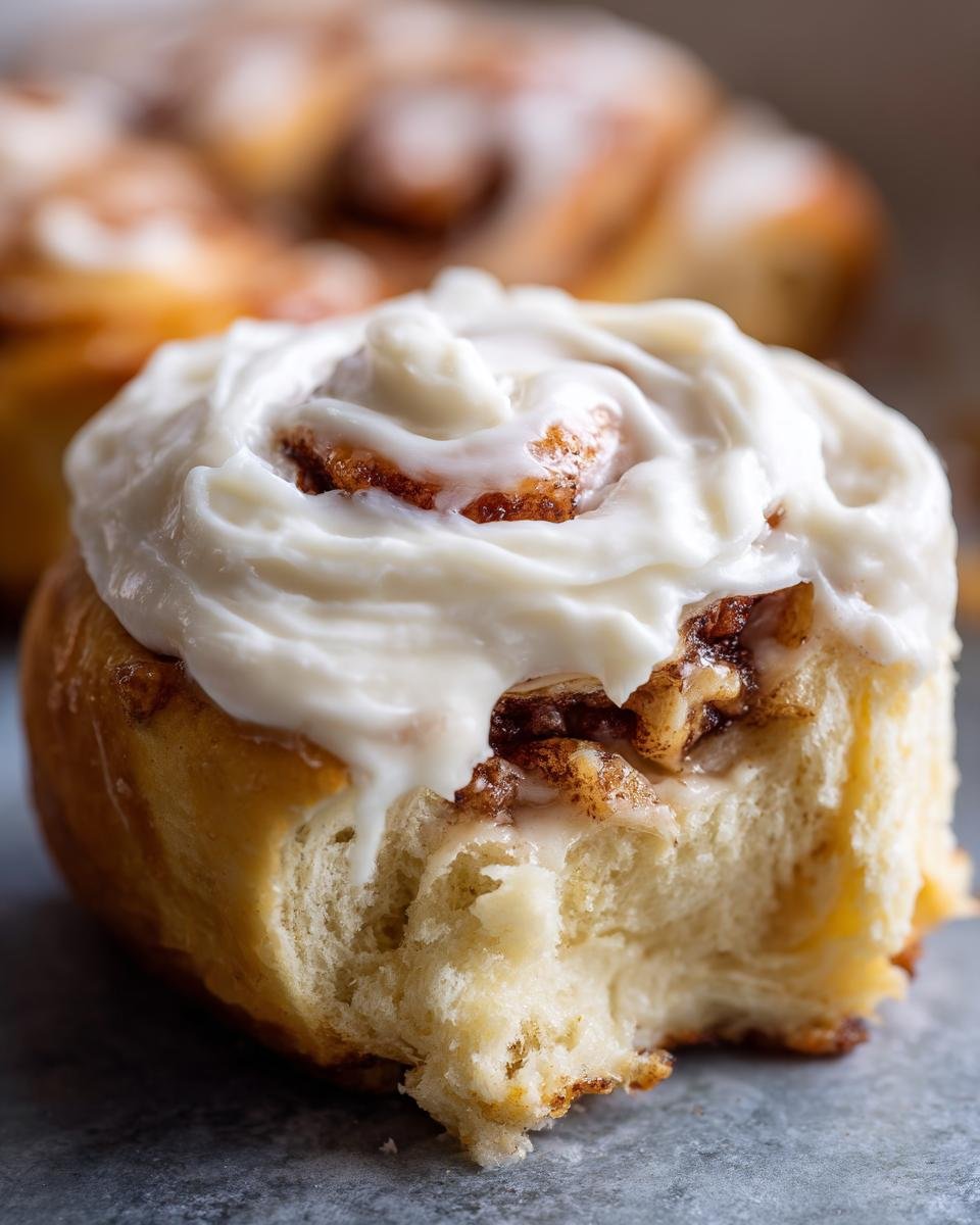 Close-up of a gooey cinnamon roll recipe with creamy frosting, showing a bite taken out.