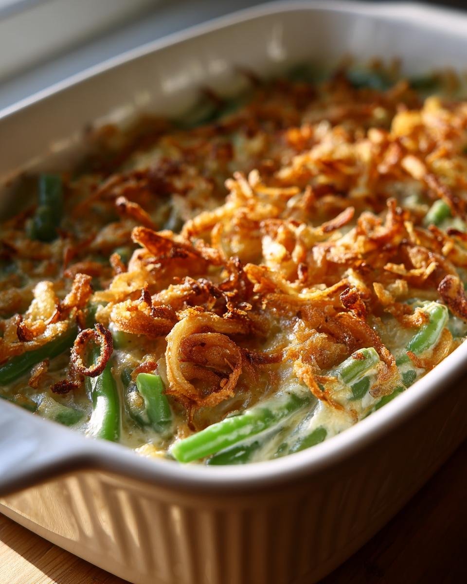 Close-up of a classic green bean casserole recipe in a baking dish, topped with crispy fried onions.