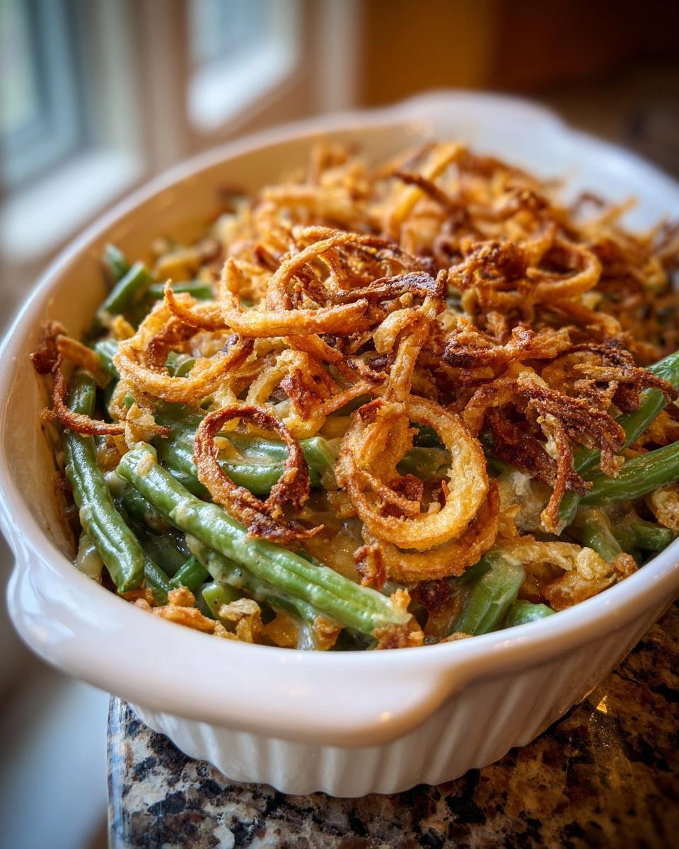 Close-up of a classic green bean casserole recipe in a white baking dish, topped with crispy fried onions.