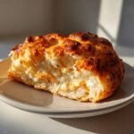 A close-up of a freshly baked, golden-brown cottage cheese bun, split open to reveal a fluffy interior with visible cottage cheese.