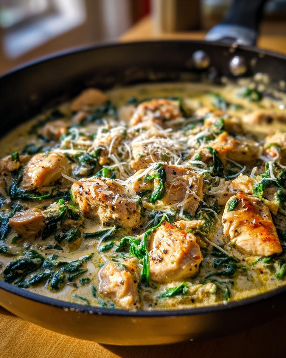 Close-up of a creamy chicken and spinach dish in a skillet, topped with shredded cheese.