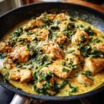 A close-up of a creamy chicken and spinach dish in a skillet, garnished with shredded cheese.