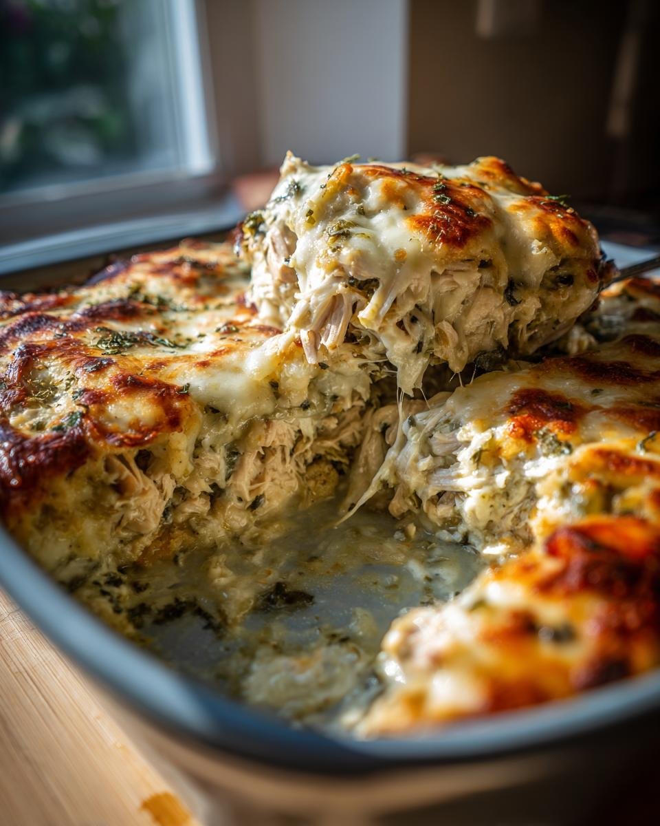 A scoop of creamy high protein spinach and artichoke chicken casserole being lifted from a baking dish, showing melted cheese and shredded chicken.