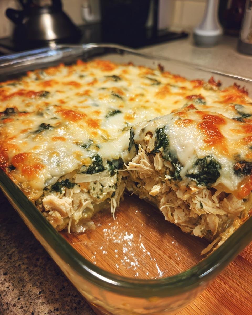 A slice removed from a Creamy High Protein Spinach Artichoke Chicken Casserole, showing shredded chicken, spinach, and melted cheese.