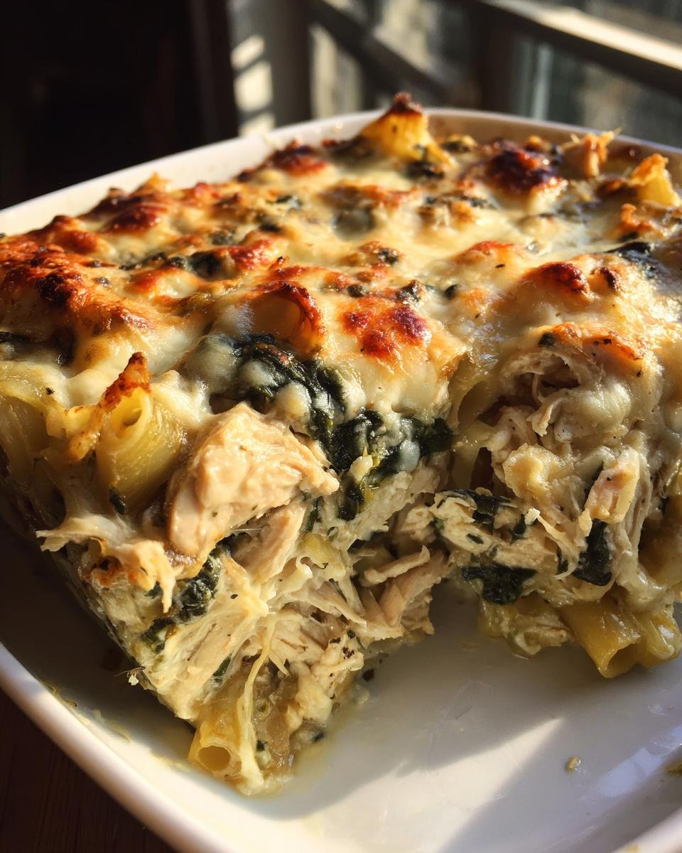A close-up of a slice of Creamy High Protein Spinach and Artichoke Chicken Casserole, showing pasta, shredded chicken, and spinach with melted cheese.