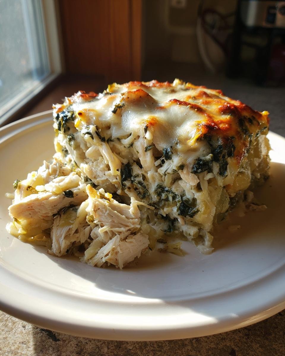 A serving of Creamy High Protein Spinach and Artichoke Chicken Casserole on a white plate, topped with melted cheese.