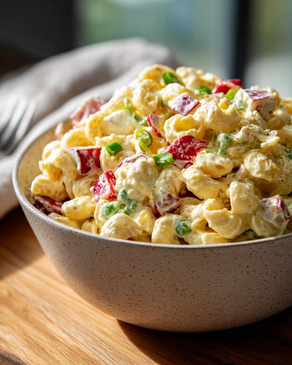 A close-up of a bowl filled with creamy macaroni salad recipe, featuring elbow pasta, red bell peppers, and green onions.