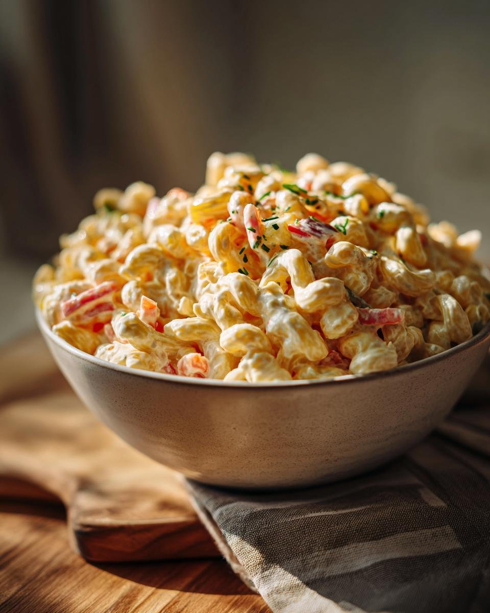 A close-up of a bowl filled with creamy macaroni salad recipe, garnished with chives and visible pieces of red pepper.